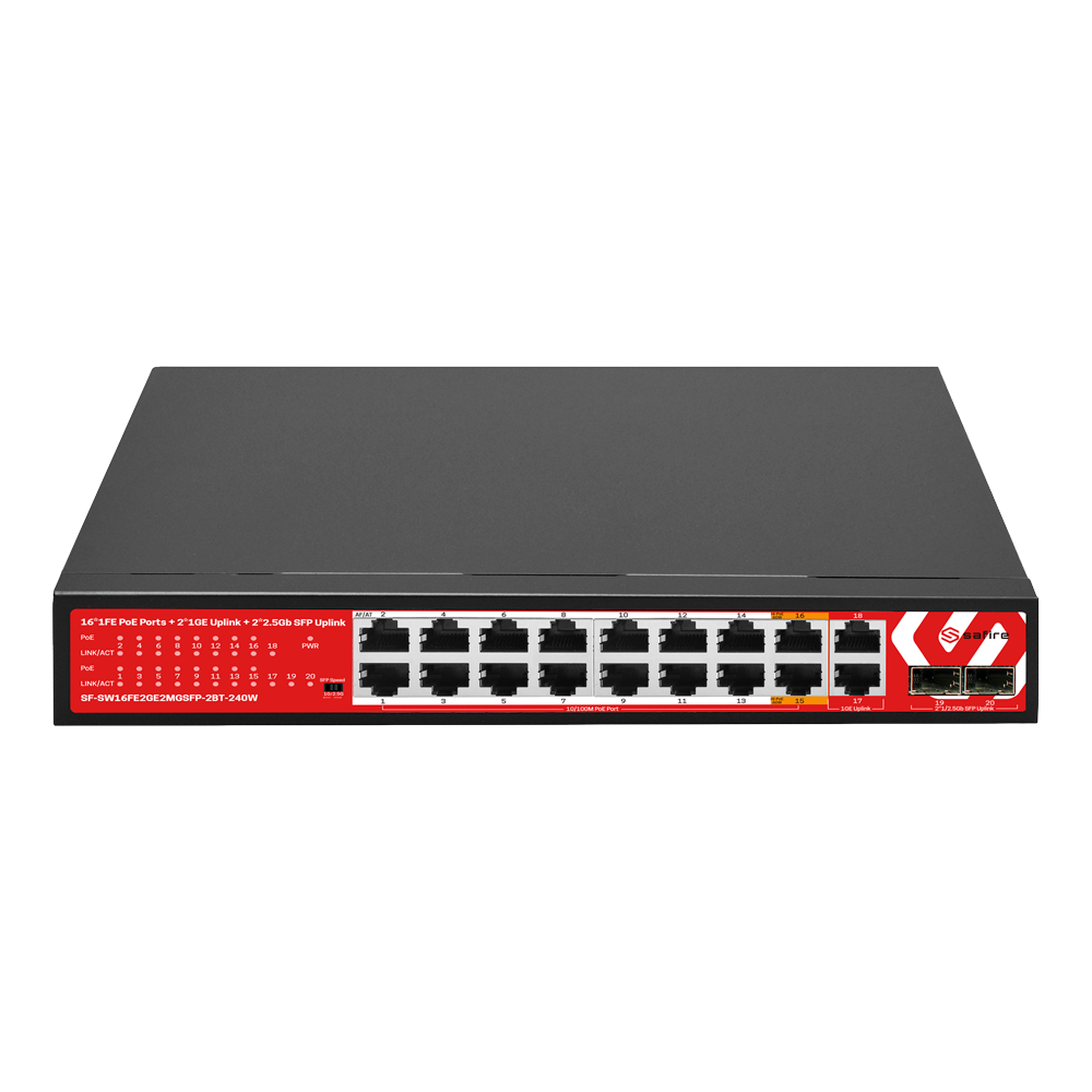 SAFIRE SF-SW16FE2GE2MGSFP-2BT-240W - Safire Switch Hi-PoE - 16 puertos FE PoE + 2 RJ45 uplink + 2x2.5GE SFP - Velocidad de puertos 10/100/1000/2500 Mbps - 14 Puertos PoE+ 30W + 2 Puertos Hi-PoE 60W - PoE Watchdog - Hasta 240W Potencia PoE total