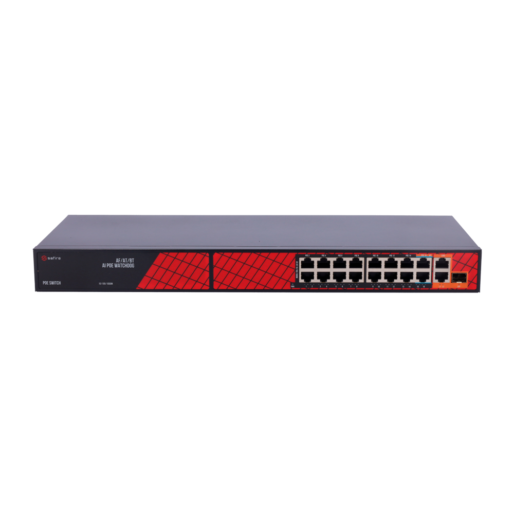 SAFIRE SF-SW1916HIPOE-HF-300 - Safire Switch Hi-PoE - 16 Puertos PoE + 2 Uplink RJ45 + 1 Uplink SFP - Hibrido 15x10/100Mbps + 4x10/100/1000Mbps - 14 Puertos PoE+ 30W + 2 Puertos Hi-PoE 60W - PoE Watchdog / PoE Extendido - Hasta 300W Potencia PoE total - imagen 1
