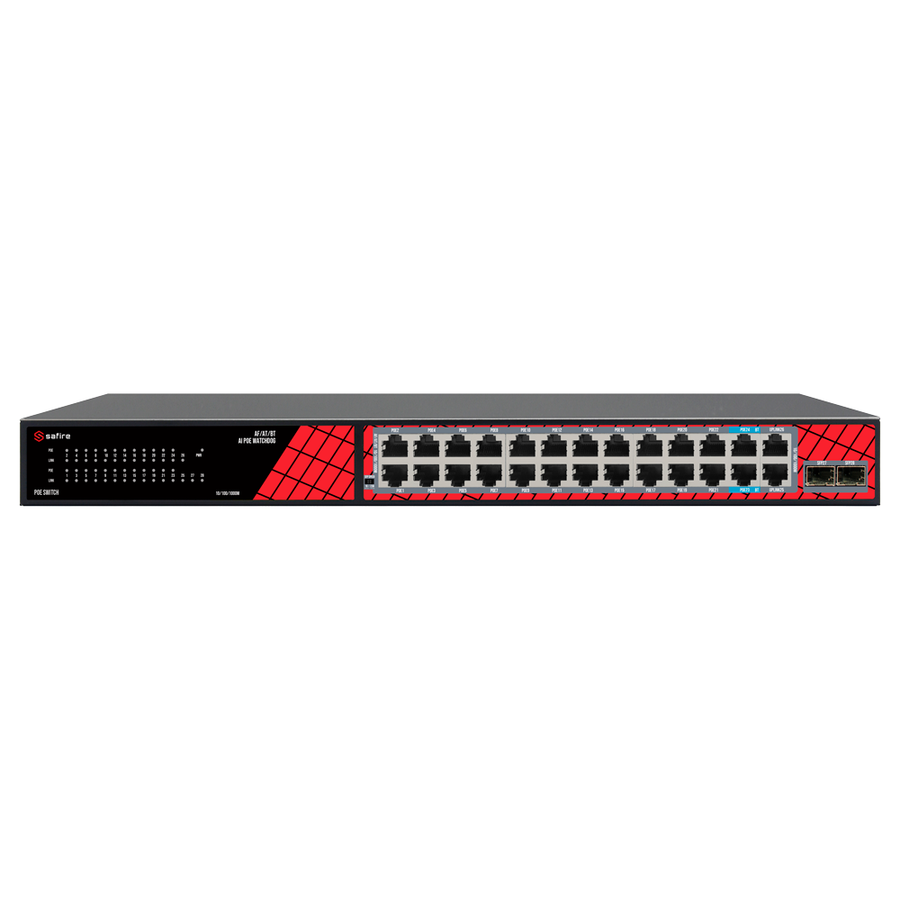 SAFIRE SF-SW2824HIPOE-GMF-300 - Safire Switch Hi-PoE - 24 puertos + 2.5GE SFP Uplink + 2 Uplink RJ45 - Velocidad de puertos Gigabit 10/100/1000 Mbps - 22 Puertos PoE+ 30W + 2 Puertos Hi-PoE 60W - PoE Watchdog - Hasta 300W Potencia PoE total - imagen 1