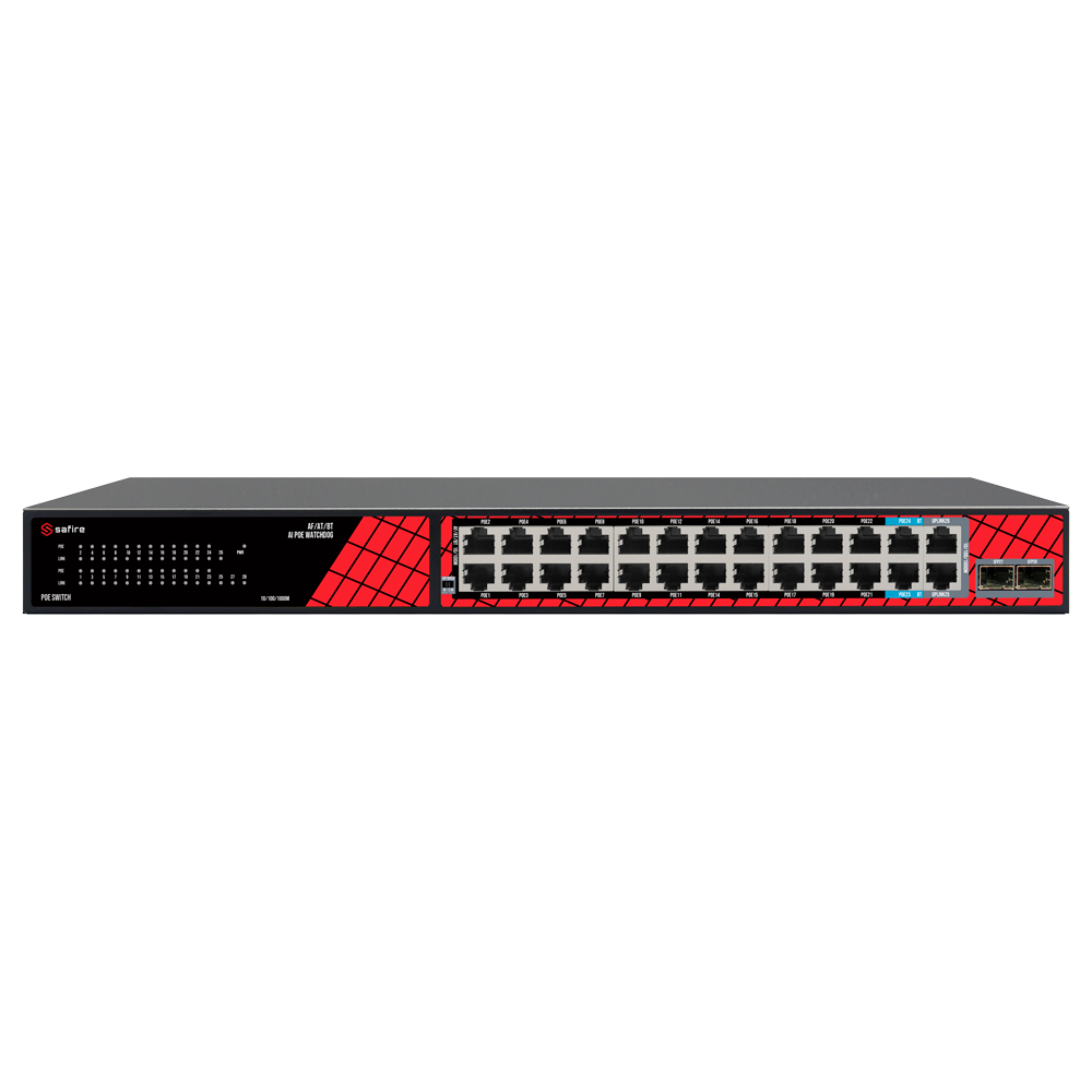 SAFIRE SF-SW2824HIPOE-MF-300 - Safire Switch Hi-PoE - 24 puertos PoE + 2 RJ45 Uplink + 2*MGESFP Uplink - Velocidad de puertos Fast Ethernet 10/100 Mbps - 22 Puertos PoE+ 30W + 2 Puertos Hi-PoE 60W - PoE Watchdog - Hasta 300W Potencia PoE total - imagen 1