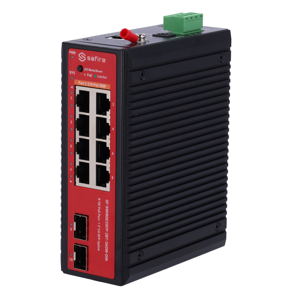 MARCA BLANCA SF-SWI8GE2SFP-2BT-360W-DIN - Switch L2+ gestionable con 8x RJ45 y 2x SFP - 8 puertos PoE Gigabit con soporte IEEE 802.3bt - Doble salida dedicada de alta potencia de 90W - Arquitectura industrial sin ventilador (Fanless) - Enrutamiento estáti - imagen 1