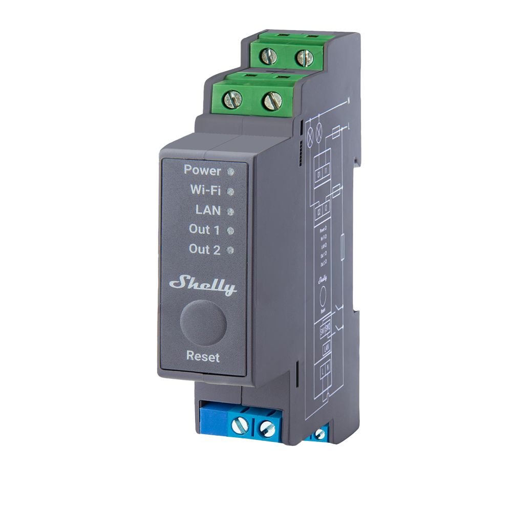 SHELLY SH-PRO-2 - Relé Shelly Pro 2 - Controlador Inteligente Carril DIN - Relé de 2 canales Independientes / Contacto Seco - WiFi 2.4GHz / Bluetooth / LAN - Soporta A C110-240V / DC 30V - Compatible con Alexa y Google - imagen 1