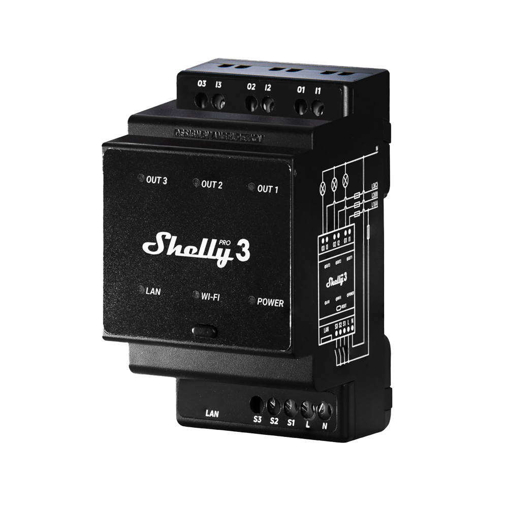 SHELLY SH-PRO-3 - Relé Shelly Pro 3 - Controlador Inteligente Carril DIN - Relé de 3 canales Independientes / Contacto Seco - WiFi 2.4GHz / Bluetooth / LAN - Soporta A C110-240V / DC 30V - Compatible con Alexa y Google - imagen 1