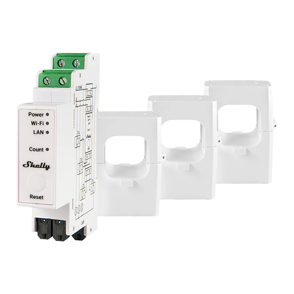 SHELLY SH-PRO-3EM-400A - Shelly Pro 3EM 400A - Medición trifásica de alta precisión hasta 400A - 3x Pinzas 400A Incluida - WiFi 2.4GHz / Bluetooth / LAN - Soporta AC 110-240V / Medidor de Consumo - Compatible con Alexa y Google - imagen 1
