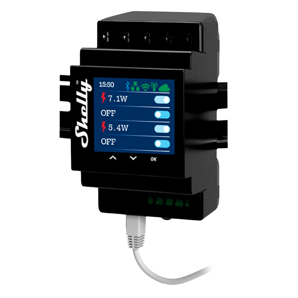 SHELLY SH-PRO-4PM - Relé Shelly Pro 4PM - Pantalla LCD a color de 1.8" - Control de 4 canales independientes carril DIN - WiFi 2.4GHz / Bluetooth / LAN - Soporta AC 110-240 V / Medidor de Consumo - Compatible con Alexa y Google - imagen 1