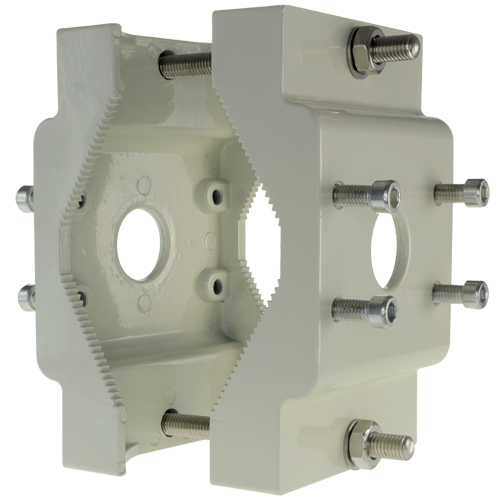 MARCA BLANCA SP802 - Soporte para mástiles/farolas - Rango diámetro 60~110 mm - Fijación en ambas caras - Apto para uso en exterior - Color blanco | 115 (Al) x 170 (An) mm - Pasador de cables - imagen 1
