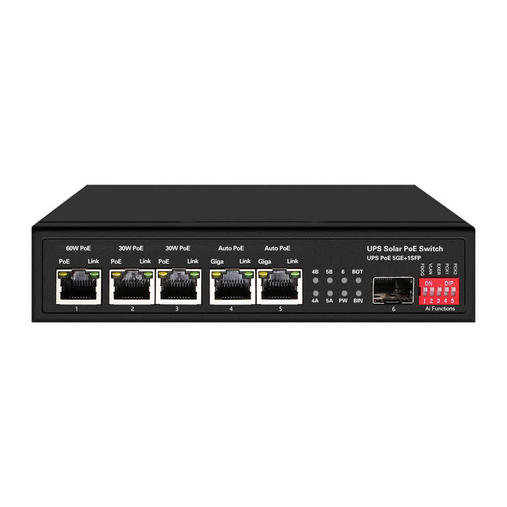 MARCA BLANCA SW0605HIPOE-GF-DC-65 - Switch PoE - 5 puertos PoE + 1 SFP - Velocidad de puertos 10/100/1000 Mbps - 1xHi-PoE (60W) + 2xPoE+ (30W) + 2x24/48V (25W) - Hasta 65W de Potencia PoE total - Soporta baterías de 12V/24V y paneles de 400W - imagen 1