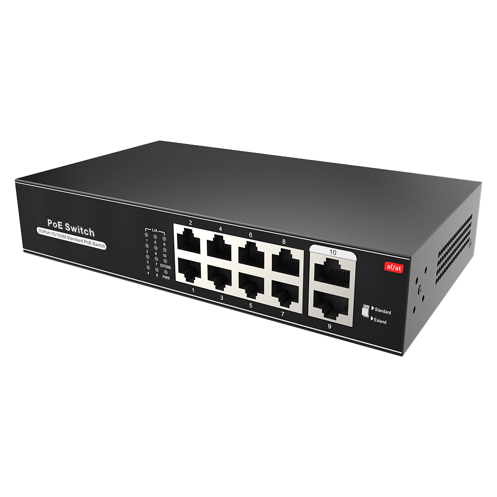 MARCA BLANCA SW1008POE-100-E - Switch PoE - 8 puertos PoE + 2 Uplink RJ45 - Velocidad 10/100 Mbps - Funciones: Ai VLan/QOS/CCTV Extend/PoE - Norma IEEE802.3af (PoE) / at (PoE+) - Hasta 100W en total para todos los puertos - imagen 1