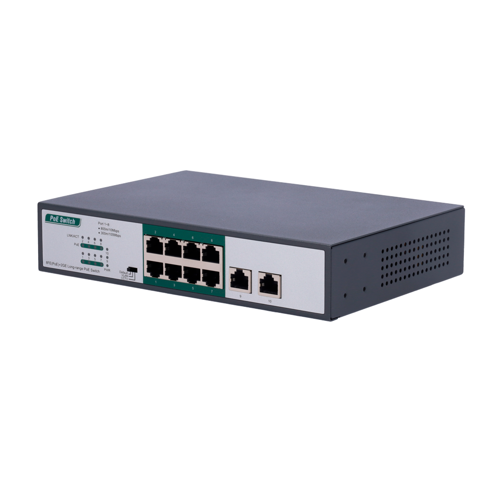 MARCA BLANCA SW1008POE-H-800M-120W - Switch PoE - 8 puertos PoE FE + 2 GE - Velocidad 8 x10/100Mbps + 2 x10/100/1000Mbps - 8 puertos PoE+ para hasta 800m con accesorio - Hasta 120 W de Potencia Total PoE - Norma IEEE802.3at PoE / af PoE+ - imagen 1