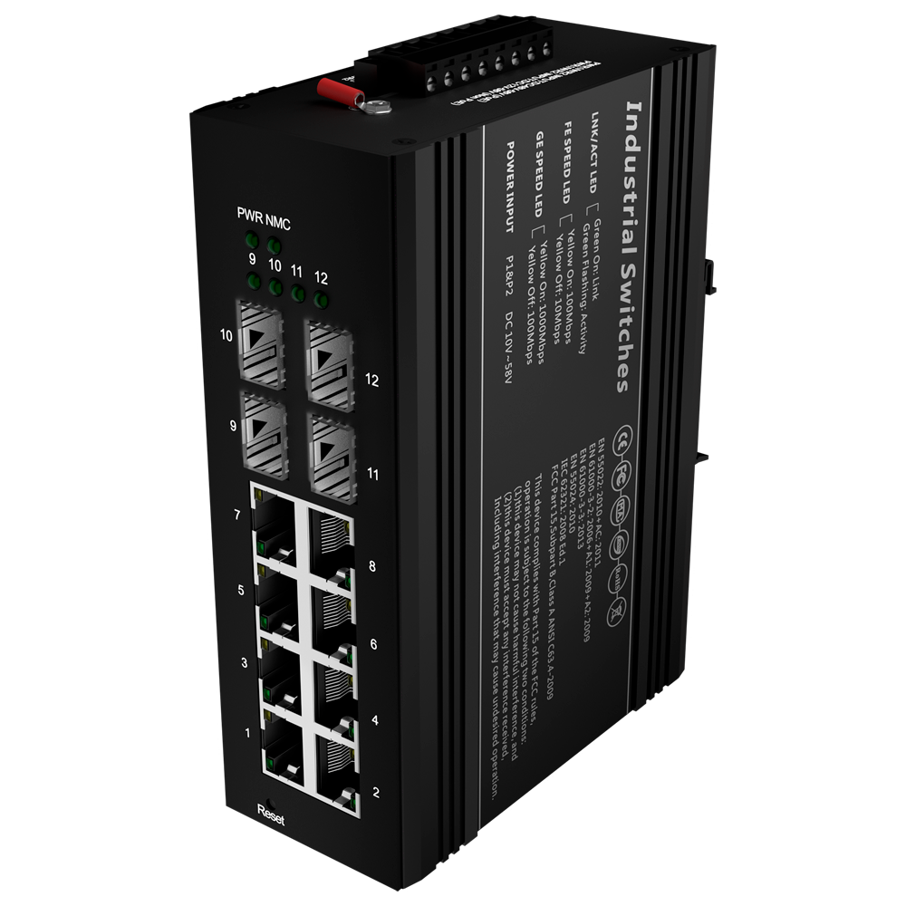 MARCA BLANCA SW1208HIPOE-MGF-240-DIN - Switch PoE Marca Blanca - Montaje en carril DIN - 8 Puertos Gigabit + 4 SFP Gigabit - 90W puertos 1 y 2 / 30W puerto 3-8 / Máximo 240W - IEEE802.3af/at/bt | PoE/PoE+/Hi-PoE - VLAN/STP/RSTP/MSTP/ERPS/SNMP/ACL - Static - imagen 1