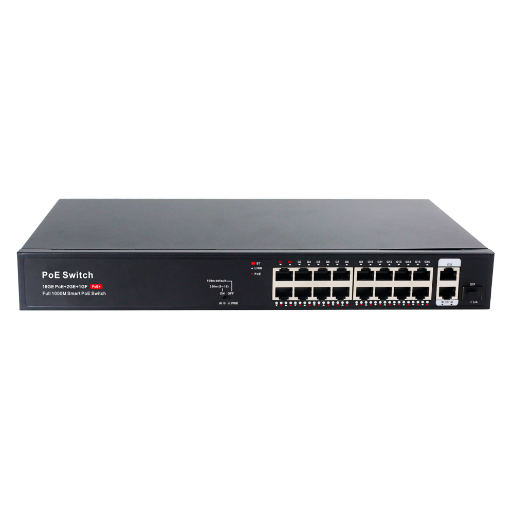MARCA BLANCA SW16GE2GE1SFP-2BT-250W - Switch PoE - 16 puertos RJ45 + 2 RJ45 Uplink + 1 SFP Uplink - 16x 10/100/1000Mbps + 2x 1000Mbps + 1 x 1000Mbps - 14 Puertos hasta 30W y 2 Puertos hasta 60W - PoE 802.3af/at/bt hasta 250W en total - Enrackable