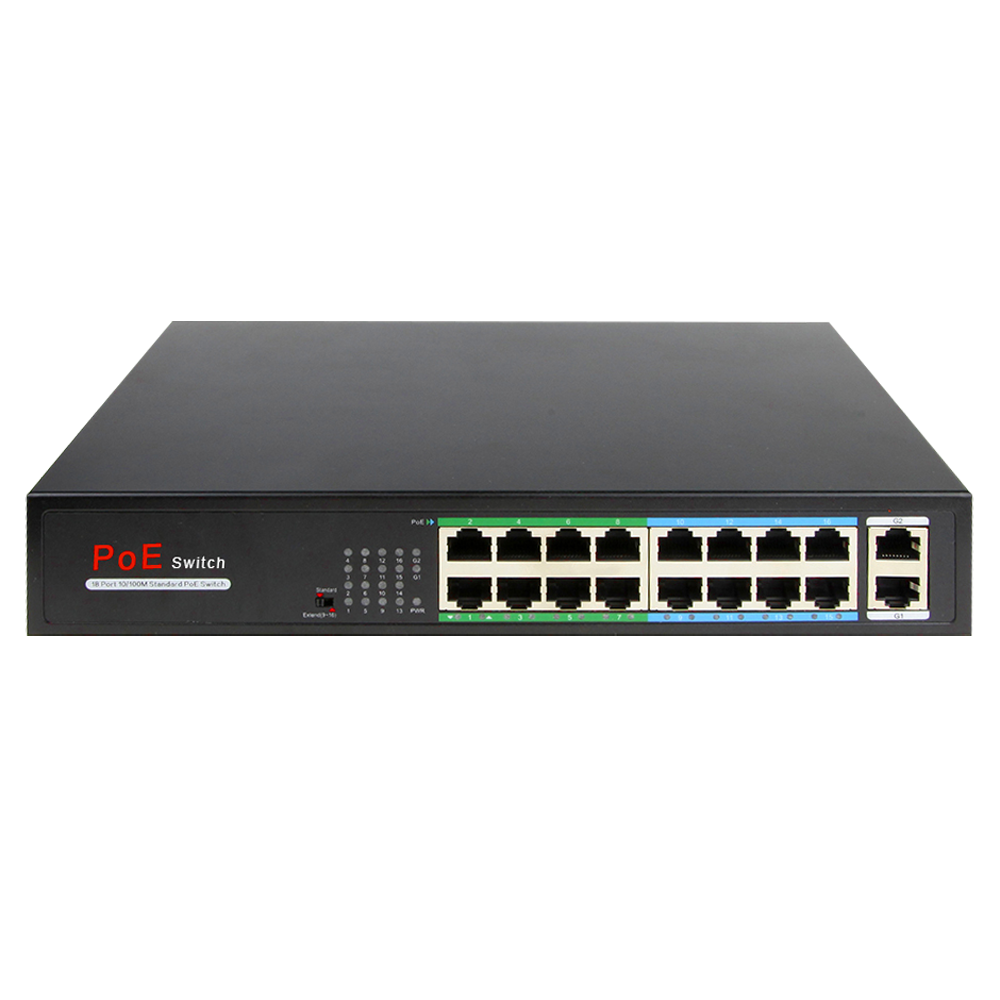 MARCA BLANCA SW1816POE-160-E - Switch PoE - 16 puertos RJ45 + 2 RJ45 Uplink - 16x 10/100Mbps + 2x 10/100/1000Mbps - 16 Puertos PoE 802.3af/at hasta 30W por puerto - Potencia PoE total 160W - PoE Extendido hasta 250m Puertos 9-16