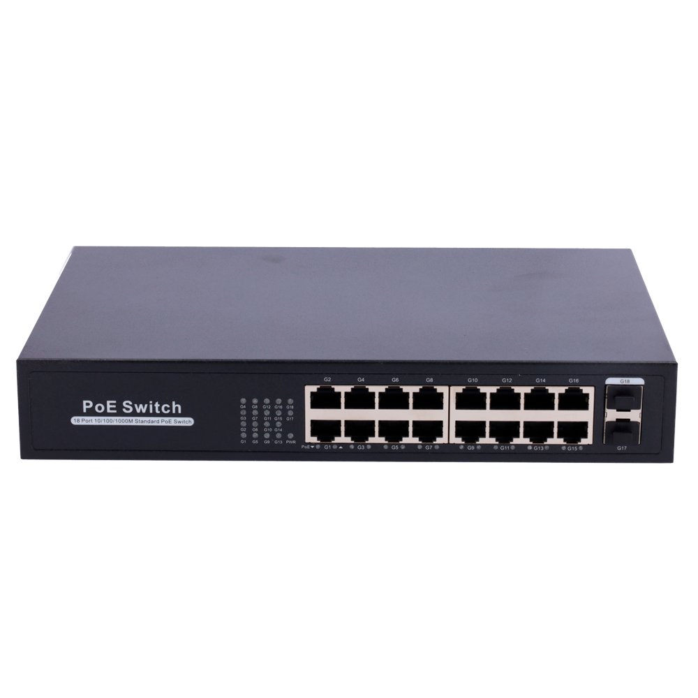 MARCA BLANCA SW1816POE-GF-250-E - Switch PoE - 16 puertos RJ45 + 2 SFP Uplink - 16x 10/100/1000Mbps + 2x 10/100/1000Mbps - 16 Puertos PoE 802.3af/at hasta 30W por puerto - Potencia PoE total 250W - Enrackable - imagen 1