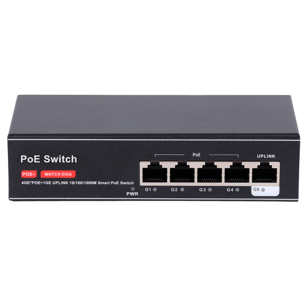 MARCA BLANCA SW4GE1GE-65W - Switch PoE - 4 puertos PoE + 1 Uplink RJ45 - Velocidad hasta 1000 Mbps en todos los puertos - Hasta 60W en total para todos los puertos - Ancho de banda 10 Gbps - PoE IEEE 802.3 af/at