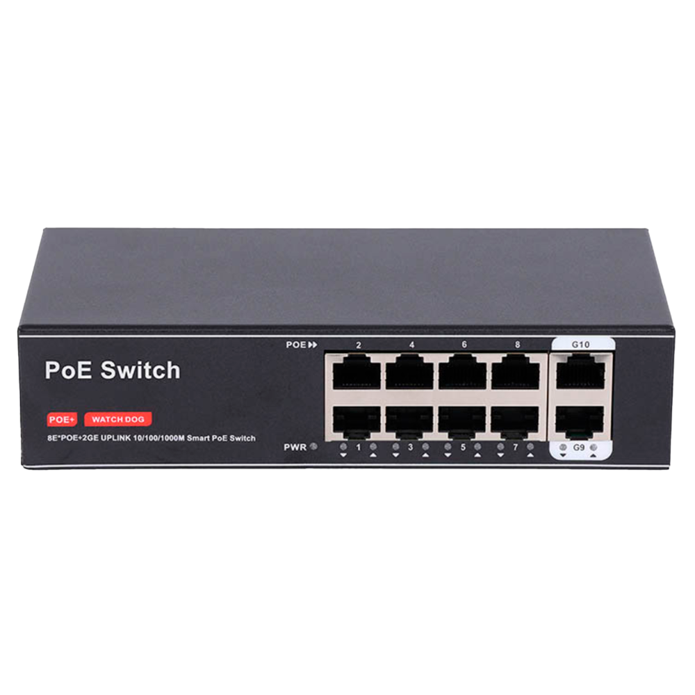 MARCA BLANCA SW8FE2GE-100W - Switch PoE - 8 puertos PoE + 2 Uplink RJ45 - Velocidad 10/100 Mbps + Uplink 1000Mbps - PoE IEEE 802.3 af/at - Hasta 100W en total para todos los puertos