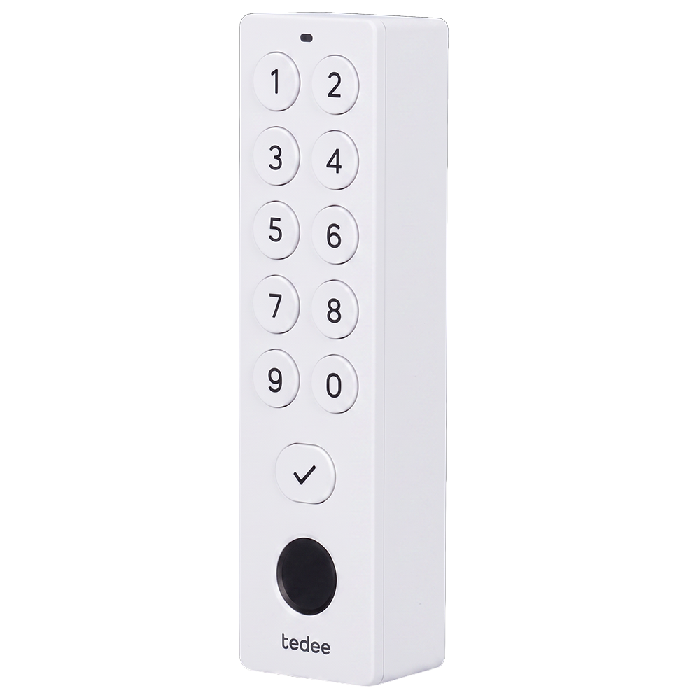 TEDEE-KEYPADPRO-WHITE - Accesorio de teclado - Comunicación Bluetooth - Apertura y cierre con PIN o huella - Códigos de un solo uso o temporales - Alimentación con cuatro pilas AAA - Compatible con TEDEE-PRO y TEDEE-GO2