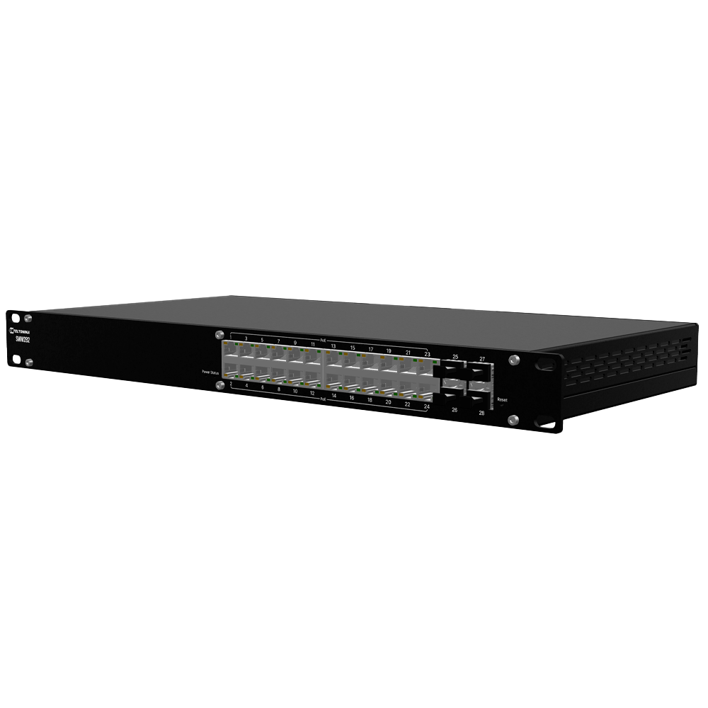 TELTONIKA TK-SWM282 - Teltonika SWM282 L2+ Managed Industrial Switch - 24 Puertos Gigabit RJ45 con soporte PoE+ total - 4 Ranuras SFP independientes para fibra óptica - Potencia PoE+ de 30W por puerto / Total 300W - Protocolos industriales: Profinet y Eth - imagen 1