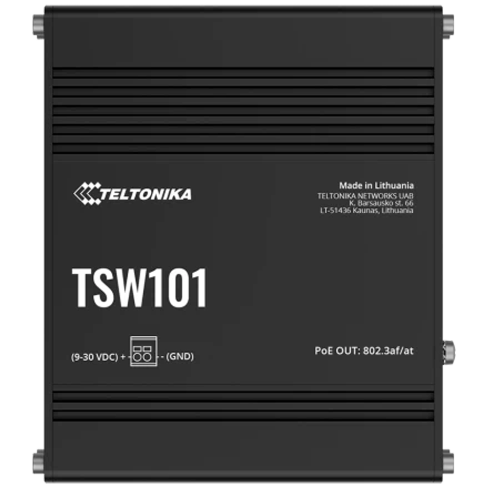 TELTONIKA TK-TSW101 - Teltonika Switch PoE No gestionable Industrial - 5 puertos Ethernet RJ45 Gigabit - 4 Puertos Ethernet PoE+ 802.3af/at - Hasta 30W por Puerto PoE - Hasta 60W de Potencia PoE total - Rugerizado Carcasa Aluminio - imagen 1