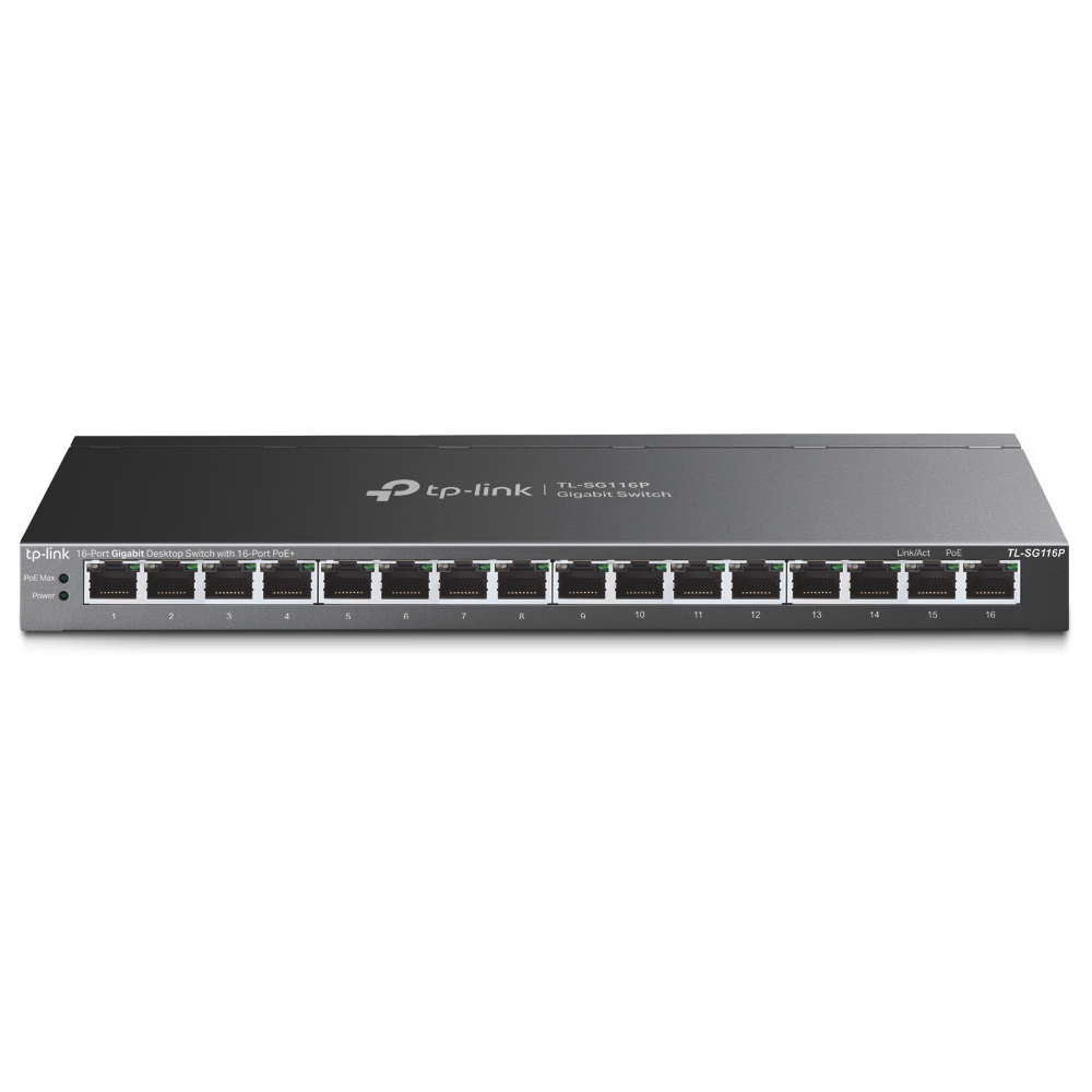 Imagen de TP-Link Switch PoE Gigabit TL-SG116P 16 Puertos PoE+ 120W Extensión 250m