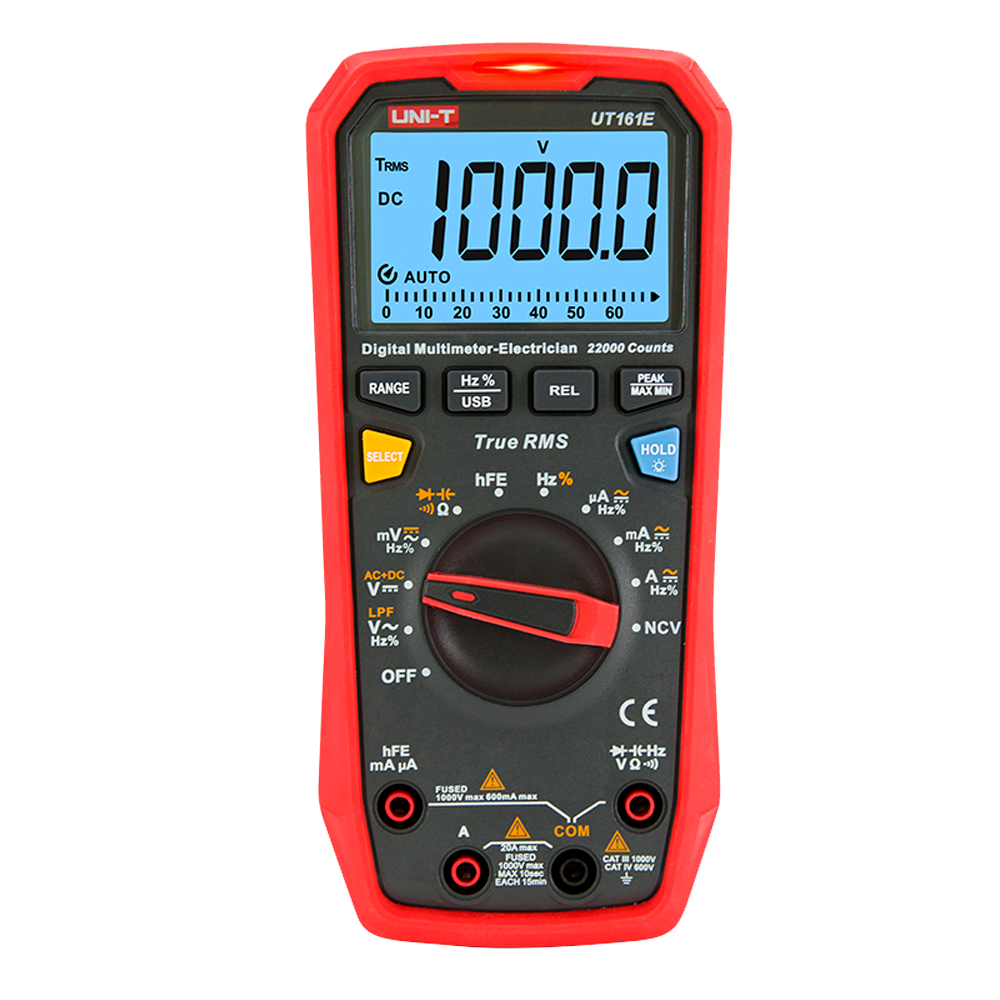 UNI-T UT161E - Multímetro digital CAT III - Pantalla LED de hasta 22000 cuentas - Medición en DC y AC hasta 1000V y 20A - Conexión con PC - Alta precisión en AC con función True RMS - Medición de resistencia, capacitancia y hFE - imagen 1
