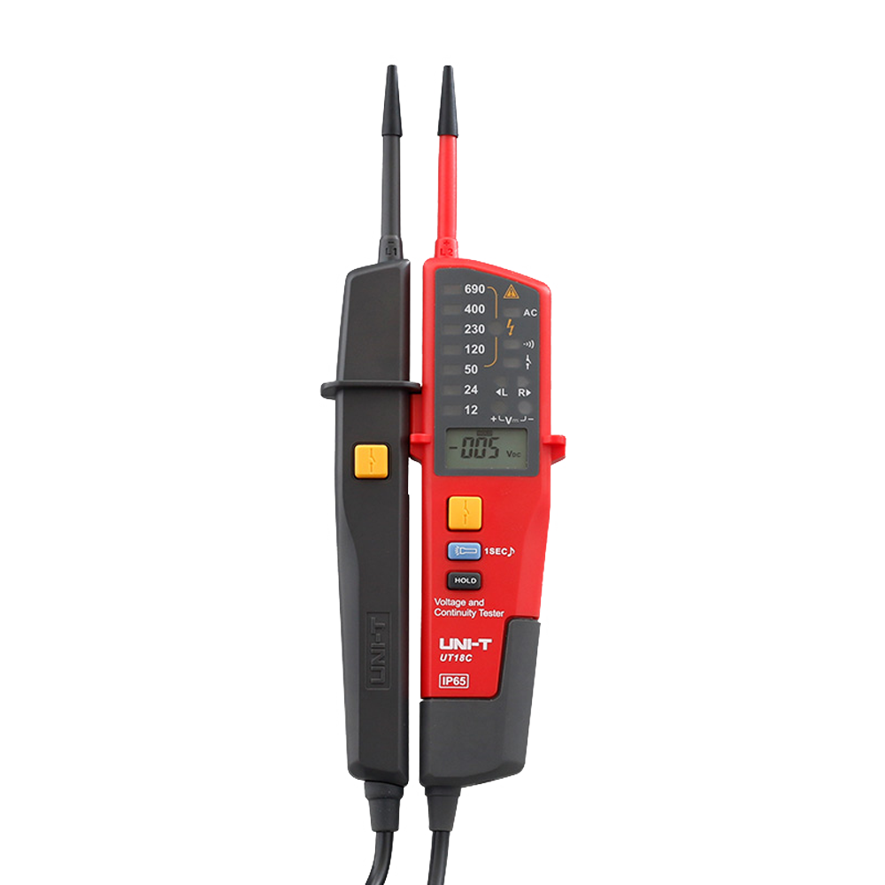 UNI-T UT18C-V - Detector de voltaje AC/DC - Display LED - Modo de alto y bajo voltaje hasta 690 V - Aviso audible / LED visible / Vibración - Apagado automático - Impermeable IP65 - imagen 1