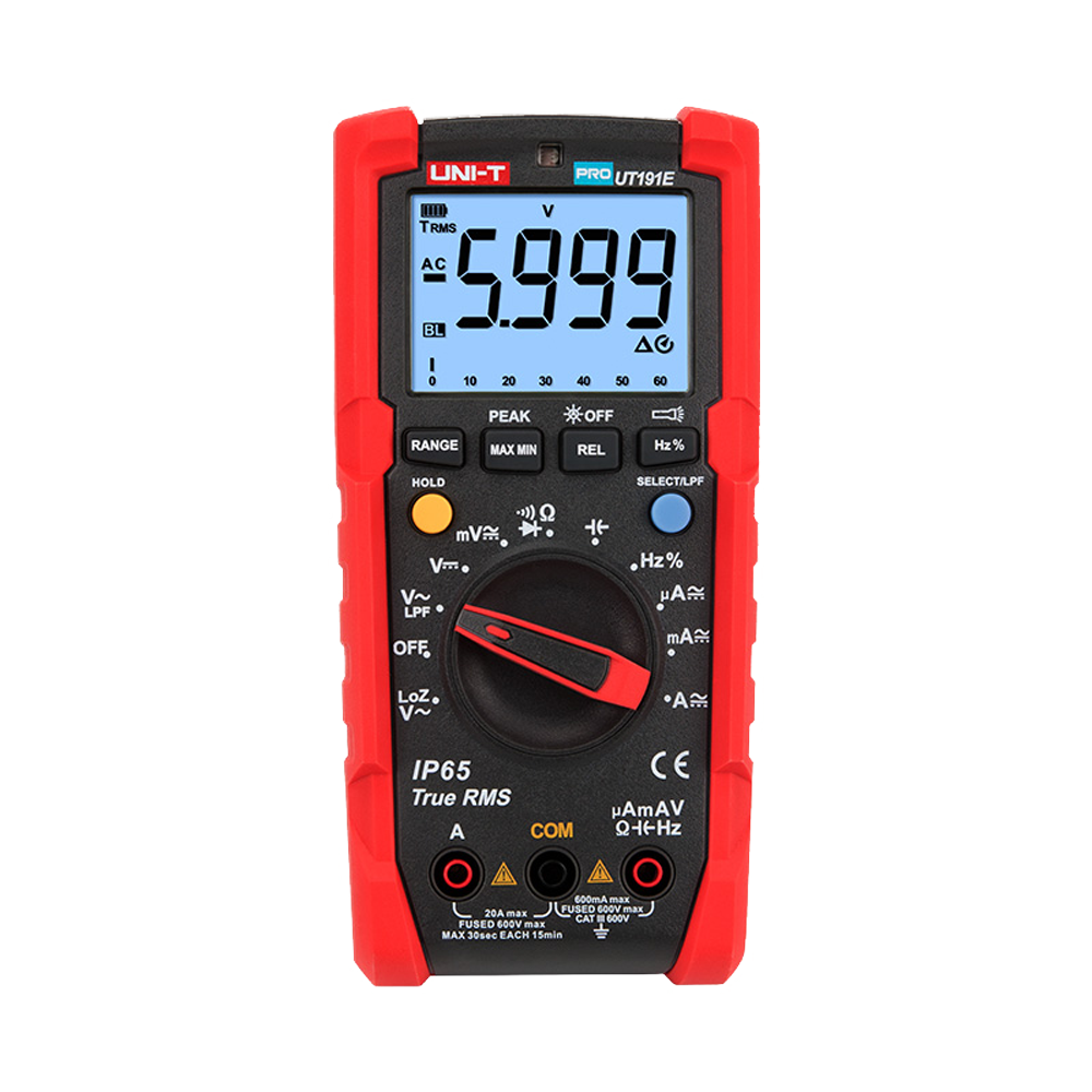 UNI-T UT191E - Multímetro digital Industrial True RMS - IP65 y resistente a caídas de 2 m - Medición DC y AC hasta 600V / 20 A - Linterna integrada - Medición de resistencia, capacitancia y frecuencia - Buzzer para test de continuidad - imagen 1