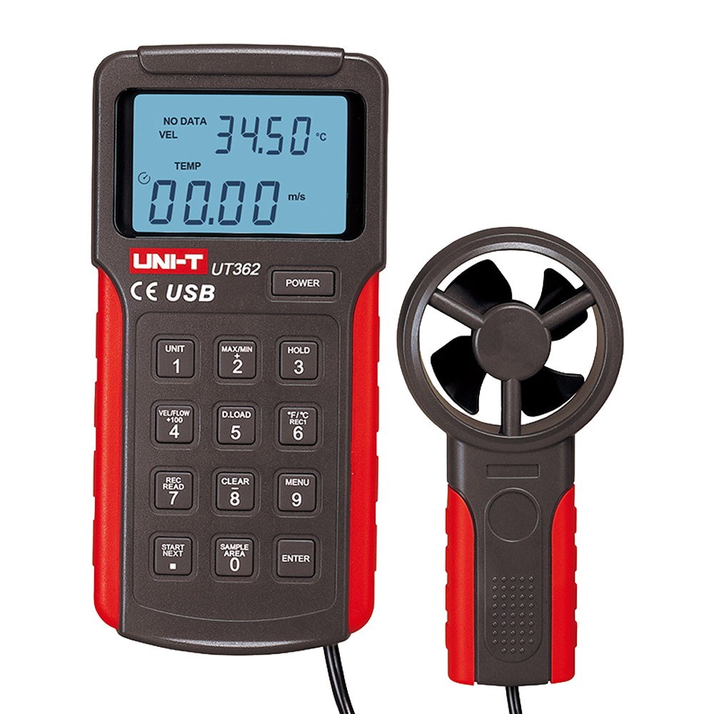 UNI-T UT362 - Anemómetro tipo Split - Sensor de velocidad del viento de alta precisión - Sensor de temperatura - Apagado automático | Memoria - Conexión a PC mediante USB - Display LCD retroiluminado