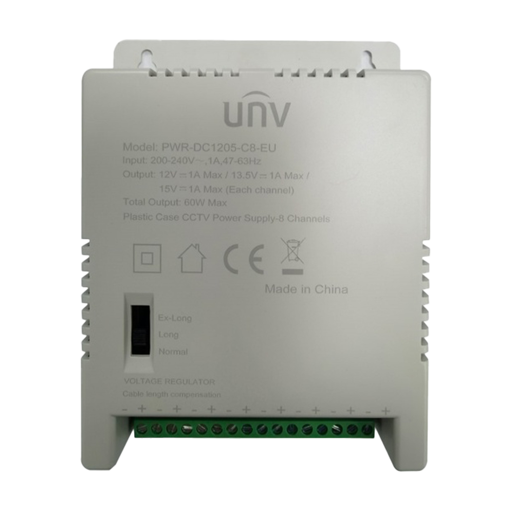 UNIVIEW UV-PWR-DC1205-C8-EU - Fuente de alimentación multicanal Uniview - 8 canales - Salida 12VDC 5A (1A / canal) / 60W - Entrada 200 - 240VAC - Conector AC de entrada C8 - Compatible con gamas Easy y Prime
