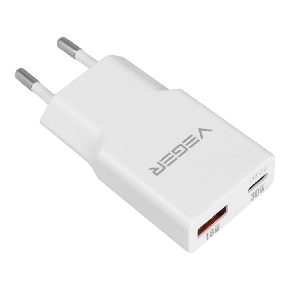VEGER VG-30W1A1C - VEGER - Cargador USB QC3.0 / PD3.0 - Potencia 30W - Carga 2 dispositivos a la vez - Salidas USB-A, USB-C - Color blanco - imagen 1