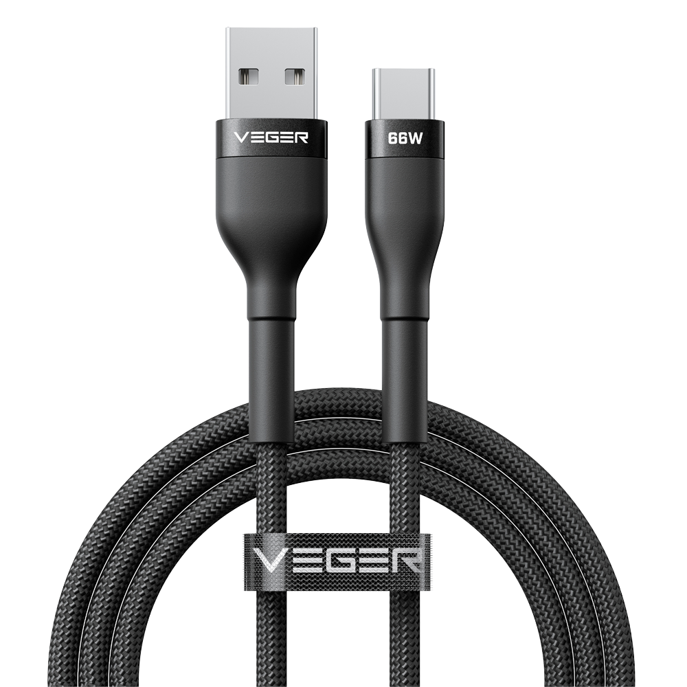 VEGER VG-AC04 - Veger - Cable USB 2.0 para portátiles - USB-A a USB-C - Cubierta de metal, Nylon trenzado - Longitud 1.2m - Carga rápida 66W | Color negro