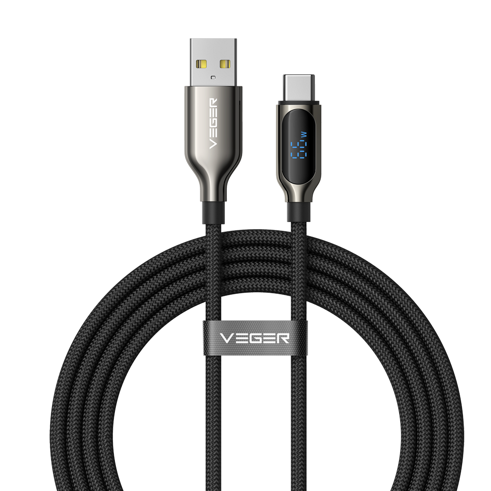 VEGER VG-AC1-XHJ - Veger - Cable USB 2.0 para cualquier dispositivo - USB-A a USB-C - Conector de aleación de Zinc con display digital - Carga rápida PD 66W | 480Mbps - Longitud 1.2m | Color negro - imagen 1