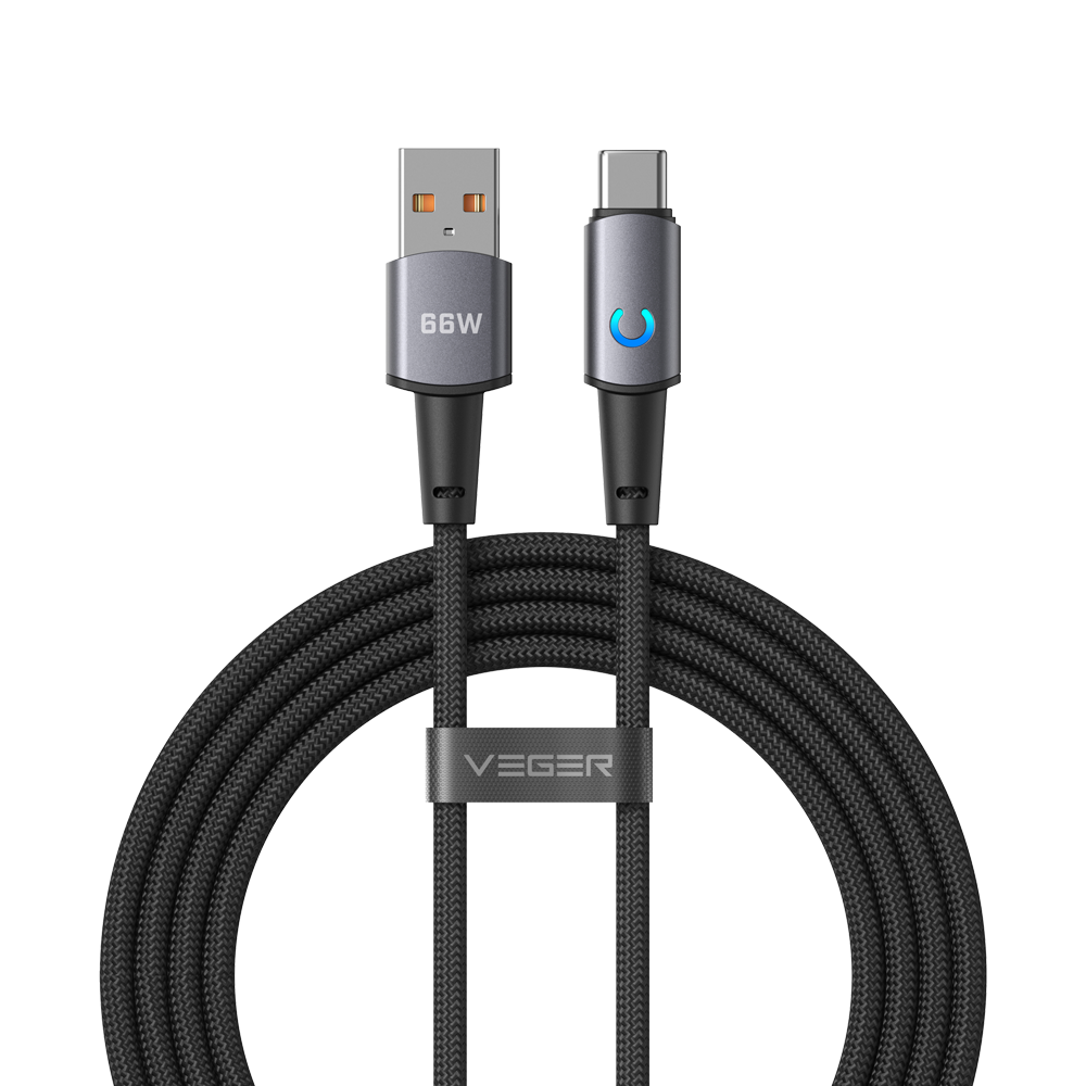 VEGER VG-AC1-ZSD - Veger - Cable USB 2.0 para cualquier dispositivo - USB-A a USB-C - Conector de aleación de aluminio con LED - Carga rápida PD 66W | 480Mbps - Longitud 1.2m | Color negro - imagen 1