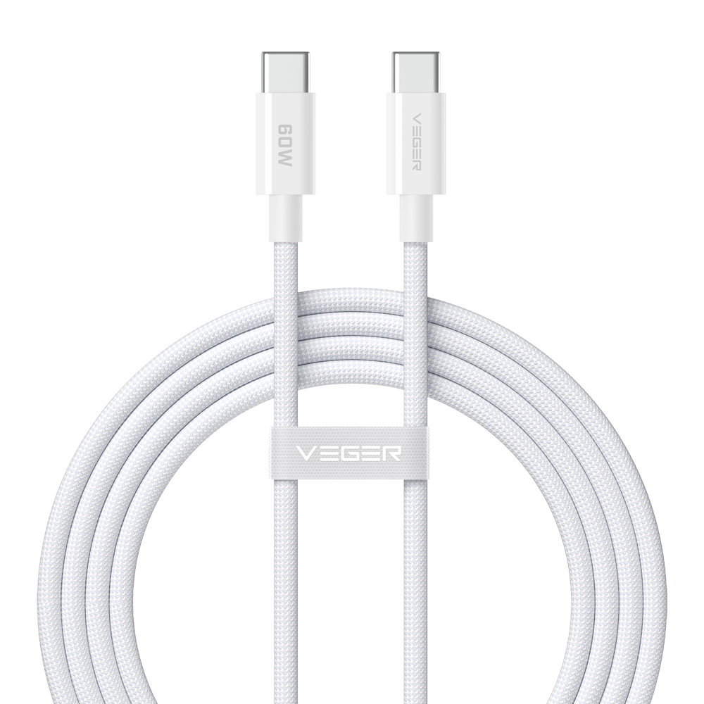 VEGER VG-CC06-FPG - Veger - Cable USB 2.0 para cualquier dispositivo - USB-C a USB-C - Cubierta de metal, Nylon trenzado con ABS - Carga rápida PD 60W | 480Mbps - Longitud 1.2m | Color blanco - imagen 1