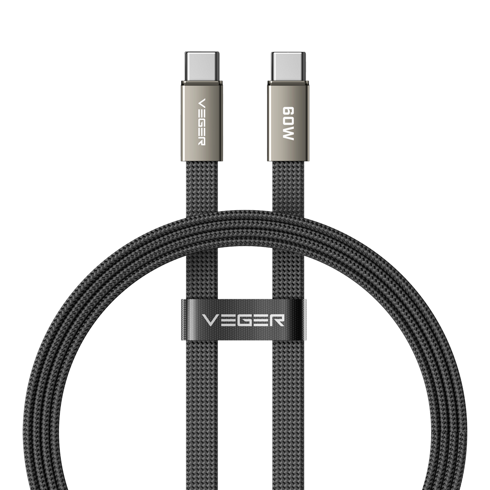 VEGER VG-CC06-MTB - Veger - Cable USB 2.0 para cualquier dispositivo - USB-C a USB-C - Cubierta de metal, Nylon trenzado con ABS - Carga rápida PD 60W | 480Mbps - Longitud 1.2m | Color negro - imagen 1