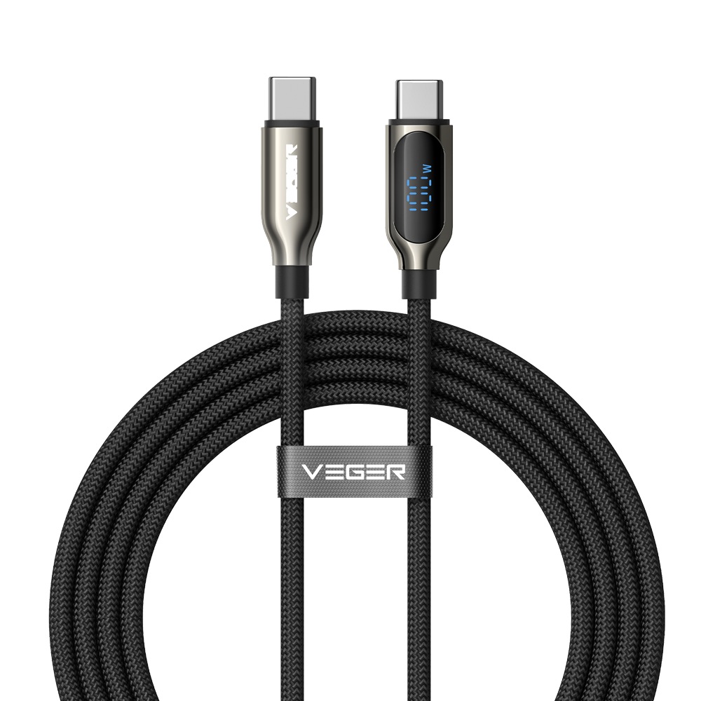 VEGER VG-CC1-XHJ - Veger - Cable USB 2.0 para cualquier dispositivo - USB-C a USB-C - Conector de aleación de Zinc con display digital - Carga rápida PD 100W | 480Mbps - Longitud 1.5m | Color negro - imagen 1
