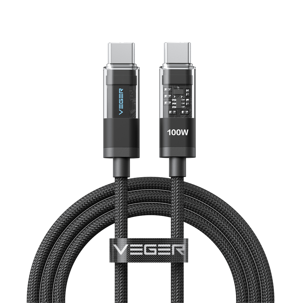 VEGER VG-CC16 - Veger - Cable USB 2.0 para cualquier dispositivo - USB-C a USB-C - Cubierta de metal con LED, Nylon trenzado - Carga rápida PD 100W | 480Mbps - Longitud 1.5m | Color negro - imagen 1
