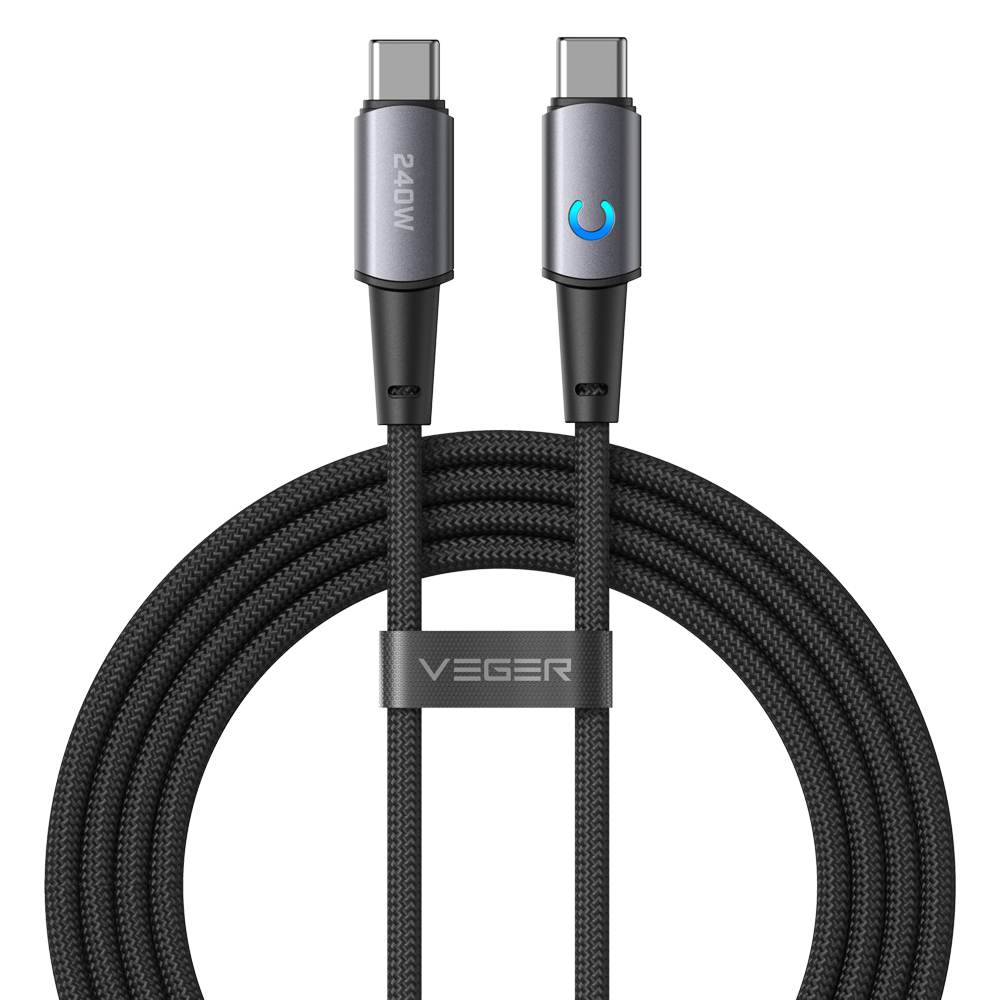 VEGER VG-CC2-ZSD - Veger - Cable USB 2.0 para cualquier dispositivo - USB-C a USB-C - Conector de aleación de aluminio con LED - Carga rápida PD 240W | 480Mbps - Longitud 1.5m | Color negro - imagen 1
