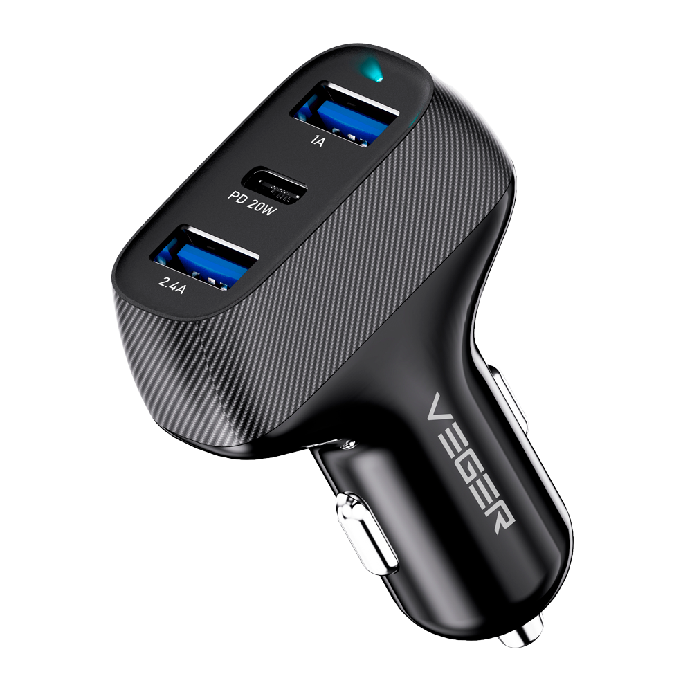 VEGER VG-CC271-2A1C - VEGER - Mechero coche - Potencia 37W - Carga rápida 20W - Salidas 2x USB-A, 1x USB-C - Color negro