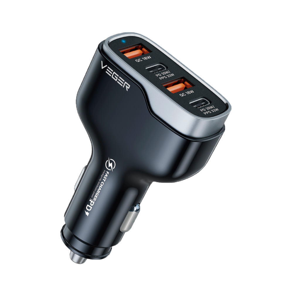 VEGER VG-CC53-2A2C - VEGER - Mechero coche - Potencia 66W - Carga rápida 30W - Salidas 2x USB-C, 2x USB-A - Color Negro