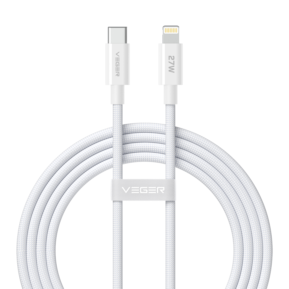 VEGER VG-CL1-FPG - Veger - Cable USB 2.0 para cualquier dispositivo - USB-C a Lightning - Cubierta de metal, Nylon trenzado con ABS - Carga rápida PD 27W | 480Mbps - Longitud 1.2m | Color blanco - imagen 1