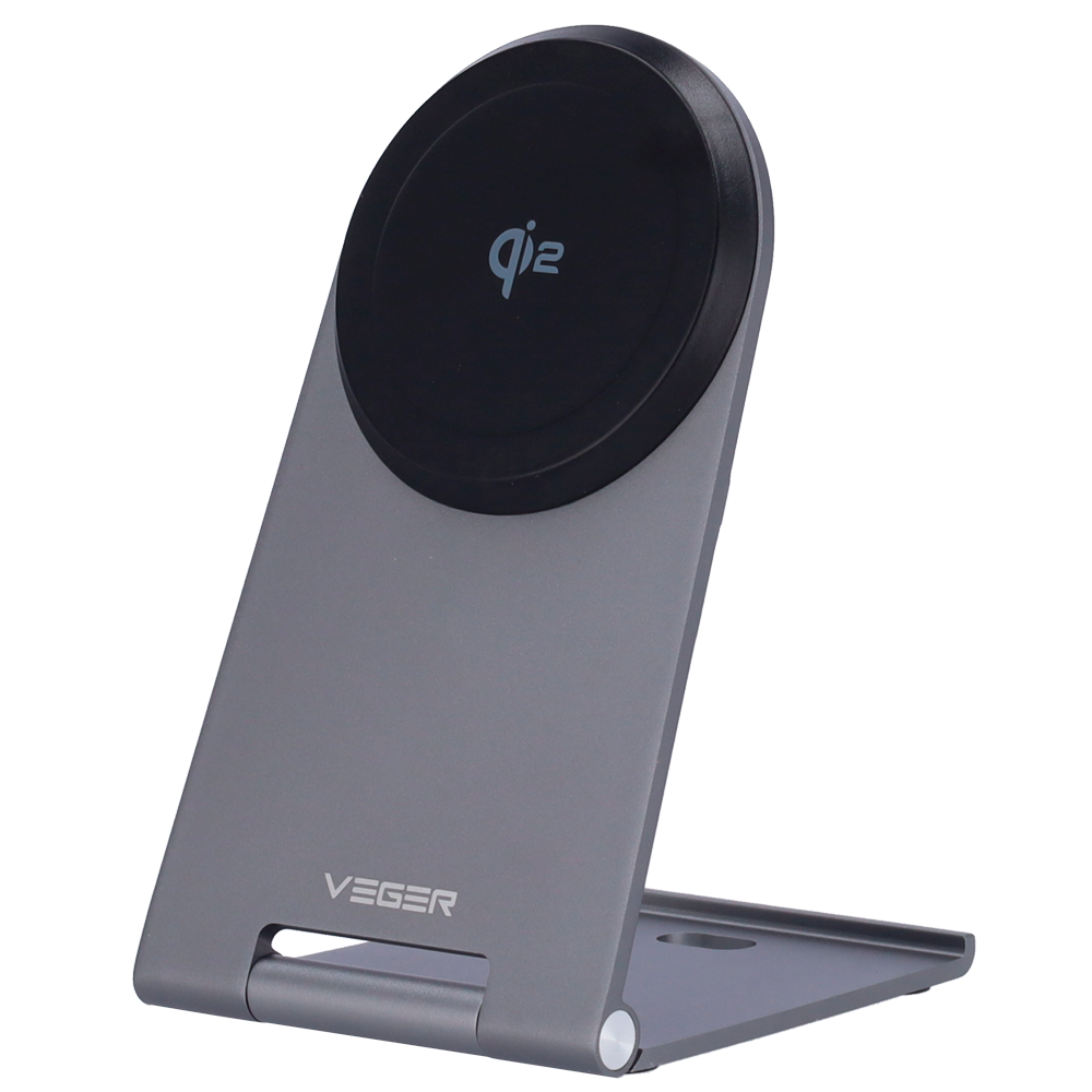 VEGER VG-Q7 - Cargador inalámbrico VEGER - Potencia 15W - Entrada USB-C - Carga rápida - Salida inalámbrica | MagSafe - Con soporte plegable | Color plateado - imagen 1