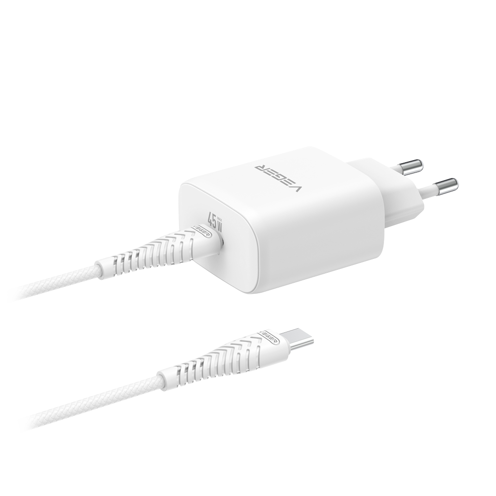 VEGER VG-TC101-Kit-45W1C - VEGER - Cargador de pared con cable incluido - Potencia 45W | Con tecnología GaN - Carga rápida - Salidas USB-C, Cable USB-C - Color blanco
