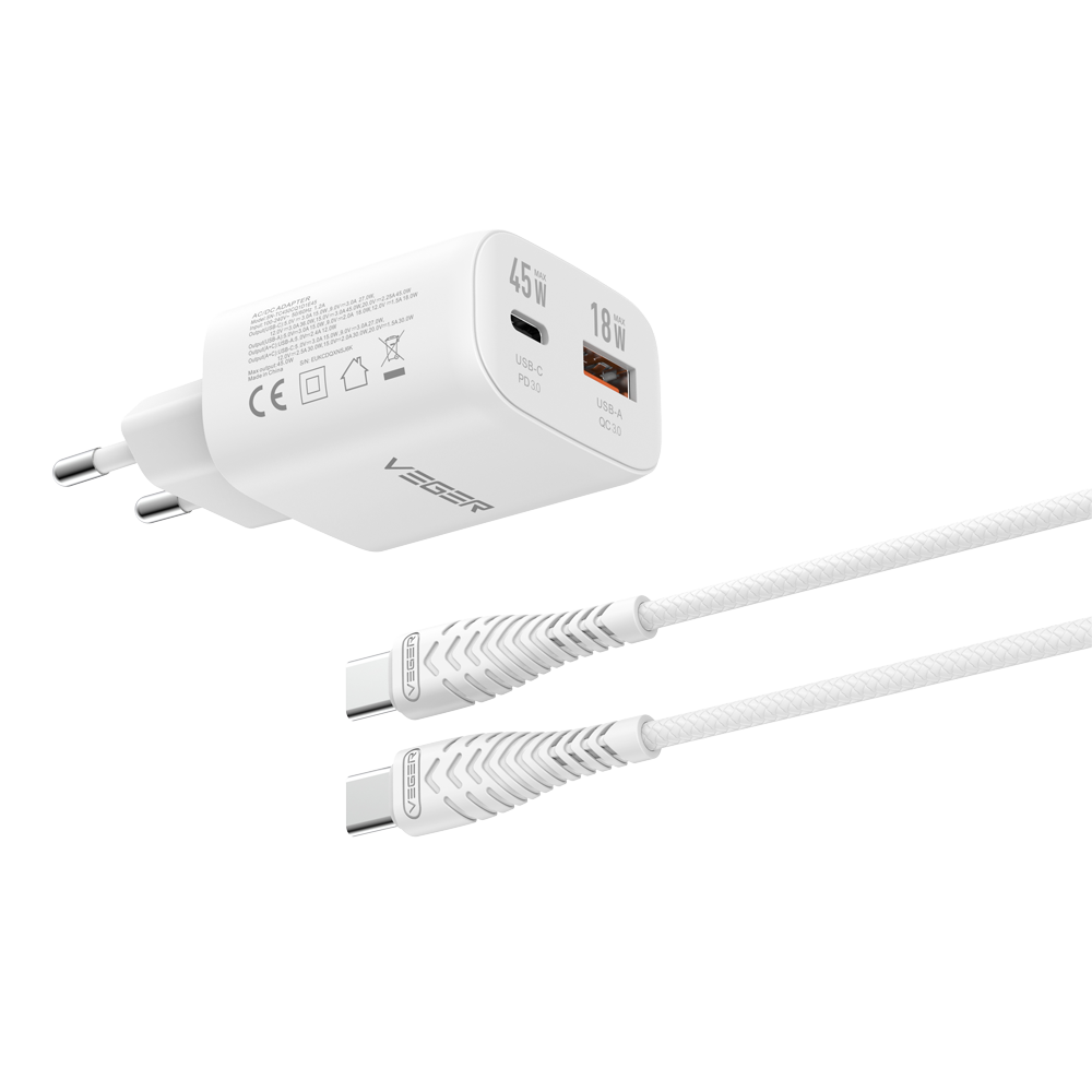 VEGER VG-TR101-45W1A1C - VEGER - Cargador de pared - Carga rápida 45W | Con tecnología GaN - Salidas USB-C, USB-A - Cable USB-C a USB-C 1.2m incluido - Color blanco - imagen 1
