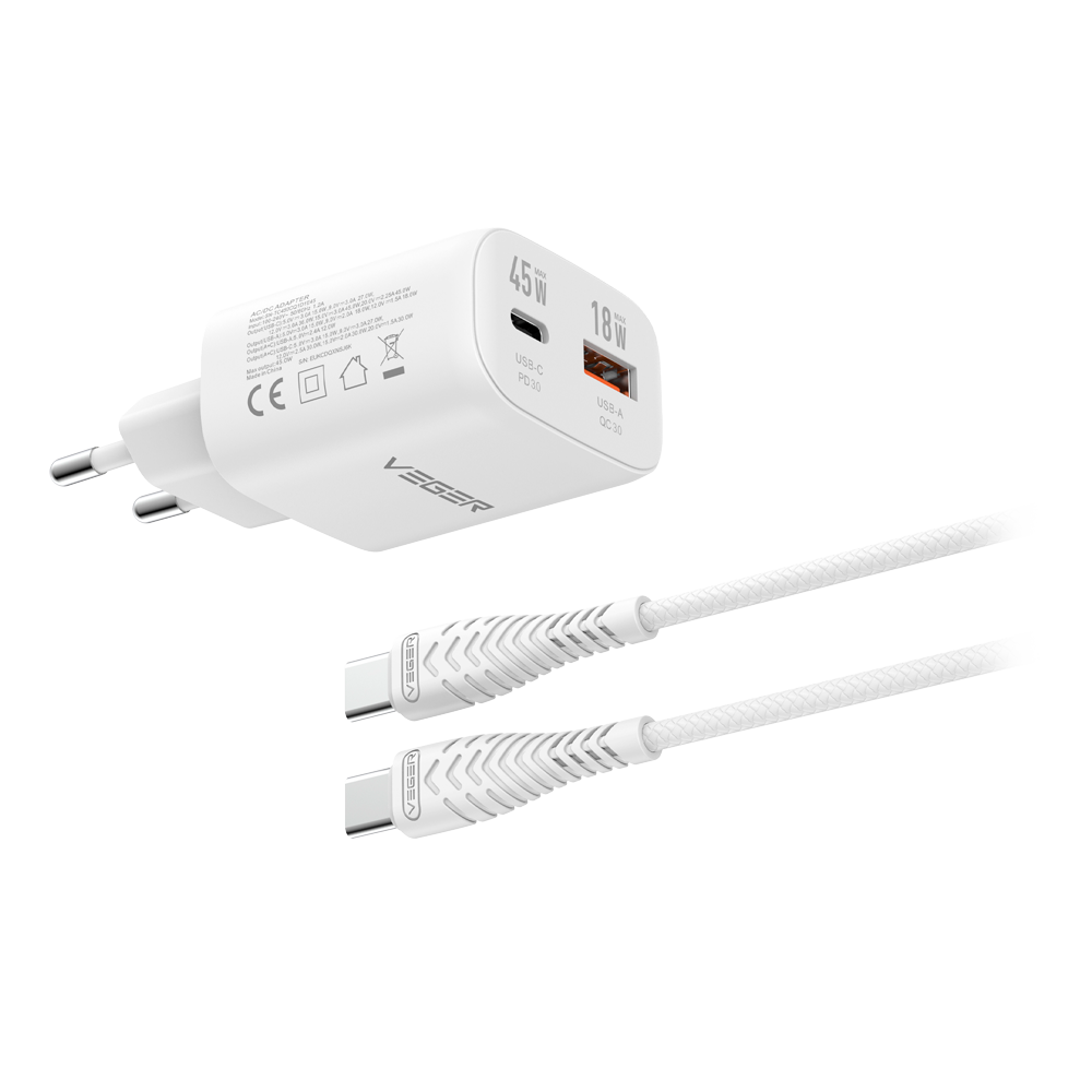 VEGER VG-TR101-kit-45W1A1C - VEGER - Cargador de pared con cable incluido - Potencia 45W | Con tecnología GaN - Carga rápida - Salidas USB-C, USB-A, Cable USB-C - Color blanco - imagen 1