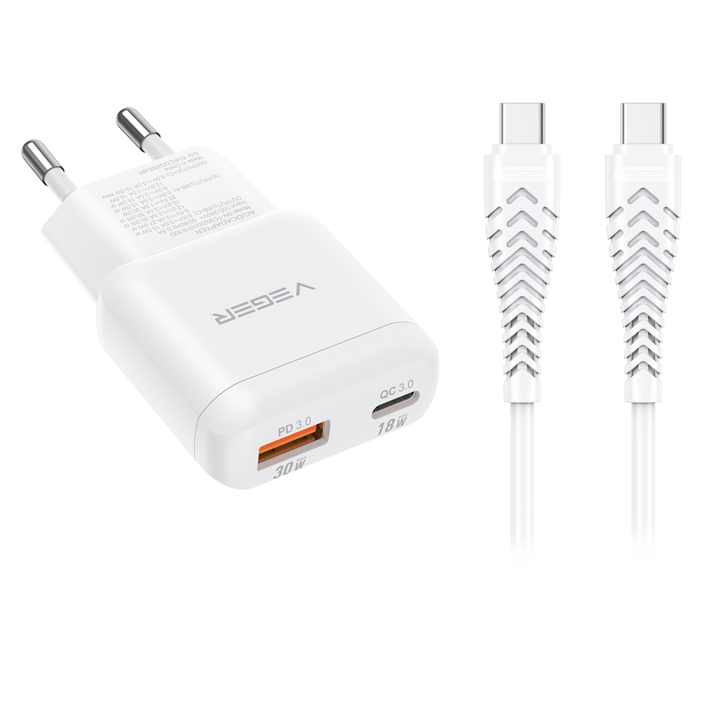 VEGER VG-TR120-Kit-30W1A1C - VEGER - Cargador de pared - Carga rápida 30W | Con tecnología GaN - Salidas USB-C, USB-A - Cable USB-C a USB-C 1.2m incluido - Color blanco