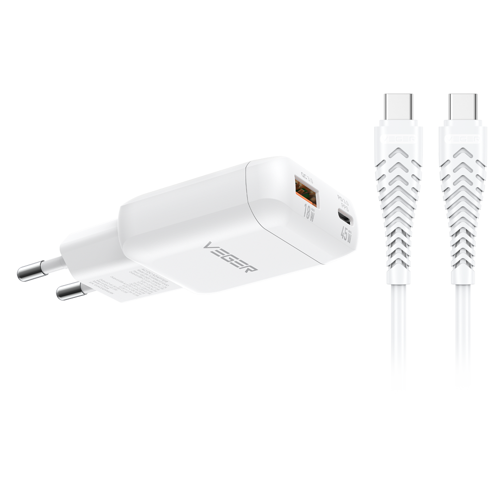 VEGER VG-TR121-Kit-45W1A1C - VEGER - Cargador de pared - Carga rápida 45W | Con tecnología GaN - Salidas USB-C, USB-A - Cable USB-C a USB-C 1.2m incluido - Color blanco - imagen 1
