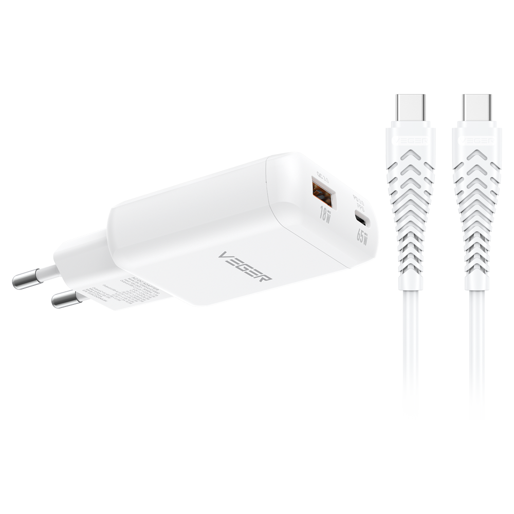 VEGER VG-TR122-Kit-65W1A1C - VEGER - Cargador de pared - Carga rápida 65W | Con tecnología GaN - Salidas USB-C, USB-A - Cable USB-C a USB-C 1.2m incluido - Color blanco