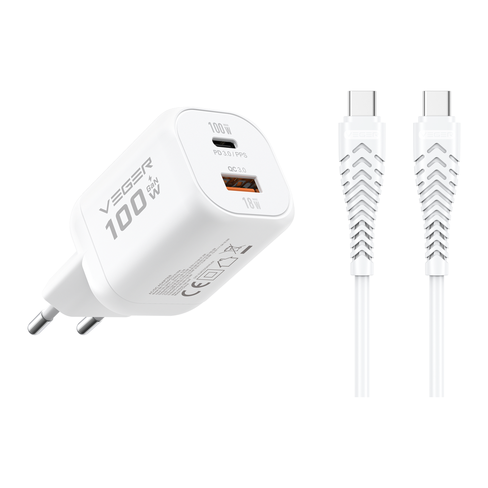 VEGER VG-TR150-Kit-100W1A1C - VEGER - Cargador de pared - Carga rápida 100W | Con tecnología GaN - Salidas USB-C, USB-A - Cable USB-C a USB-C 1.2m incluido - Color blanco - imagen 1