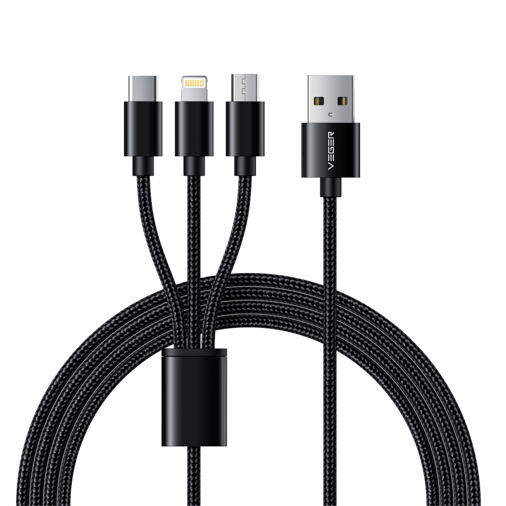 VEGER VG-V303 - Veger - Cable USB 3 en 1 - USB-A a USB-C, Lightning y Micro-USB - Cubierta de metal, Nylon trenzado - Longitud 1.5m - Color negro - imagen 1