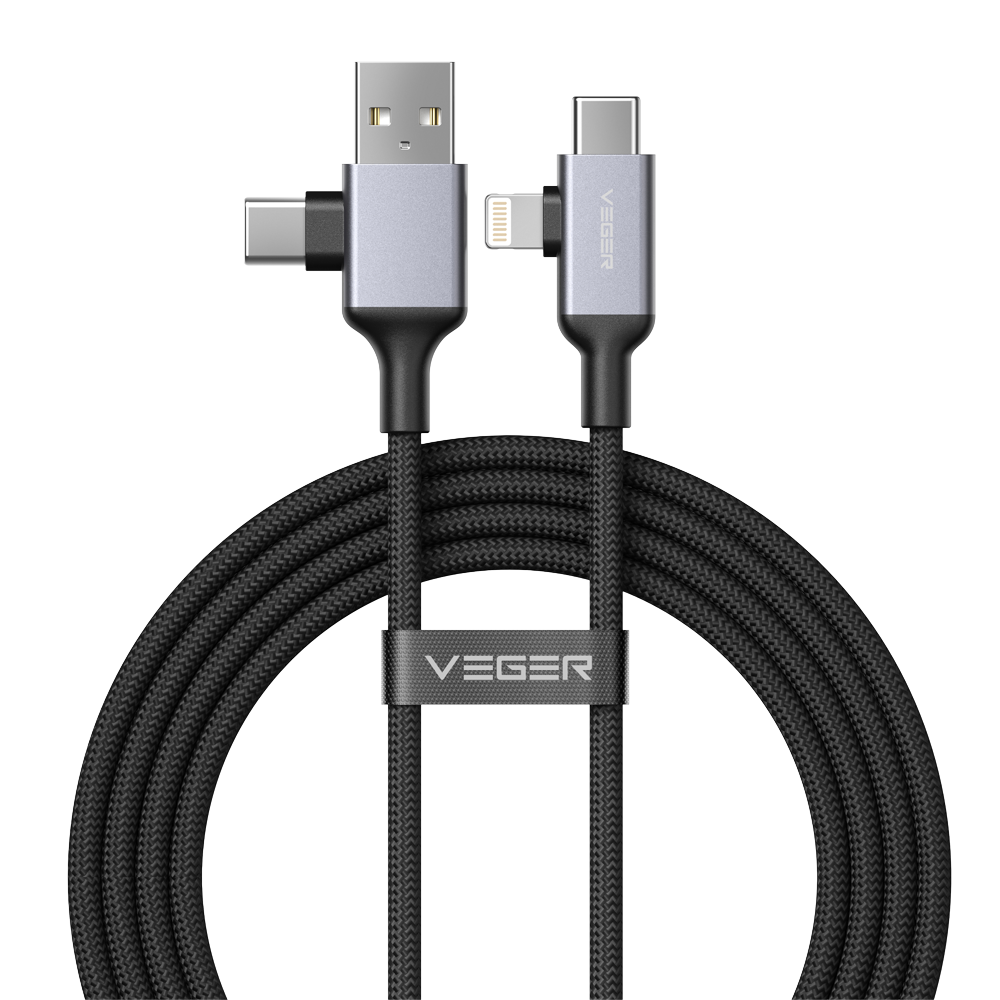 VEGER VG-V313 - Veger - Cable USB 2.0 4 en 1 - USB-A / USB-C a USB-C / Lightning - Conector de aleación de aluminio - Carga rápida PD 60W | 480Mbps - Longitud 1.2m | Color negro - imagen 1